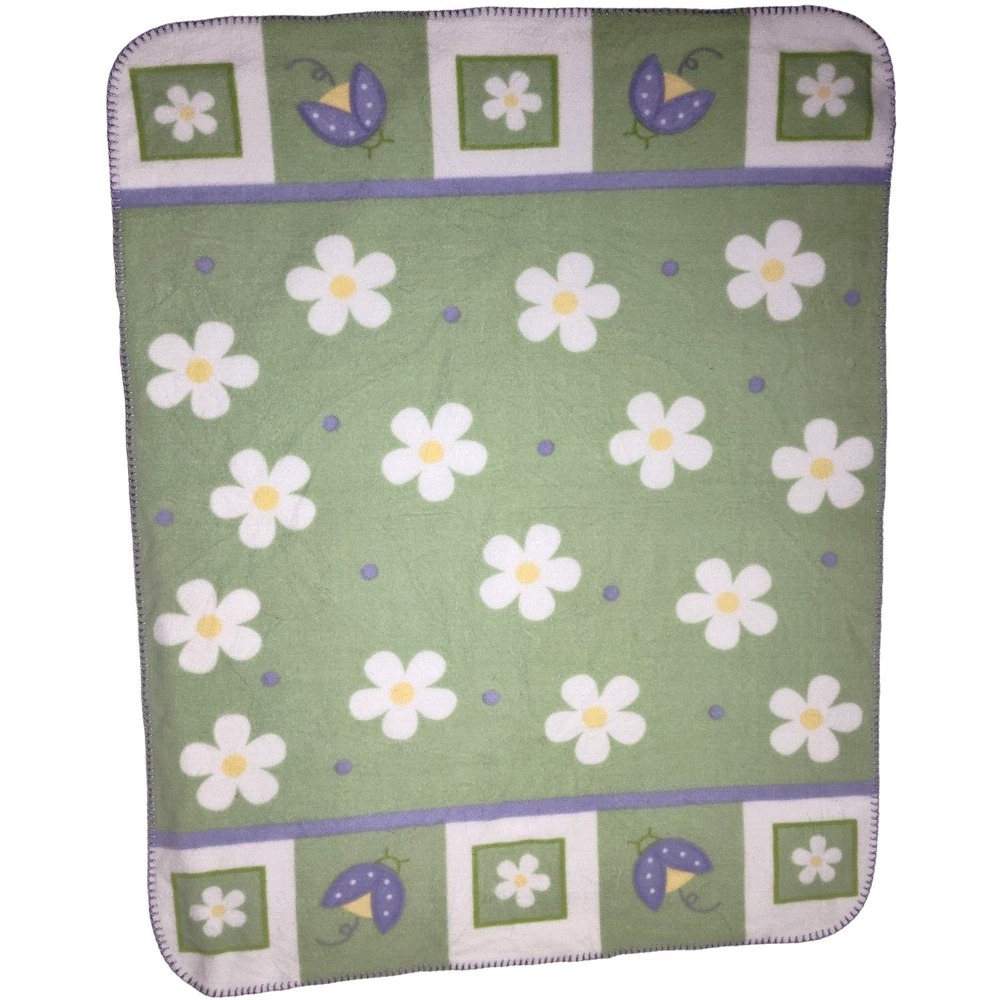 Lamb's & Ivy‎ Green Fleece Flower Ladybug Baby Blanket htf Rare Daisy Thin